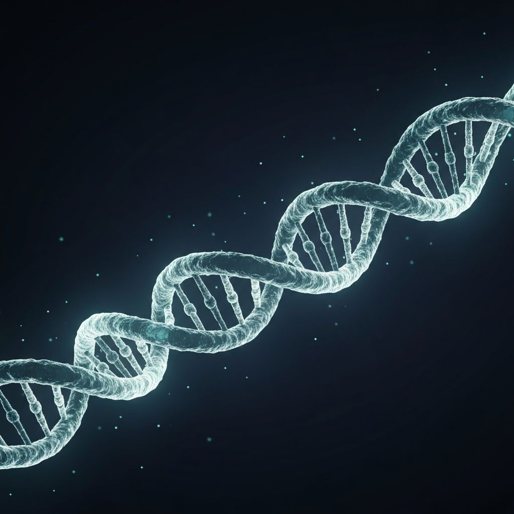 Glowing translucent DNA double helix representing genomic analysis.